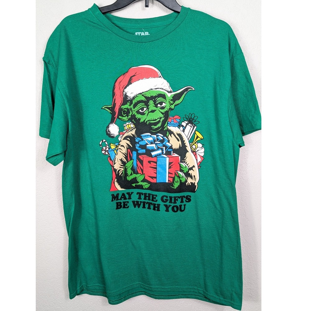 Men's Star Wars Yoda Christmas Shirt Green Size L May The Gifts Be With‎ You NWT